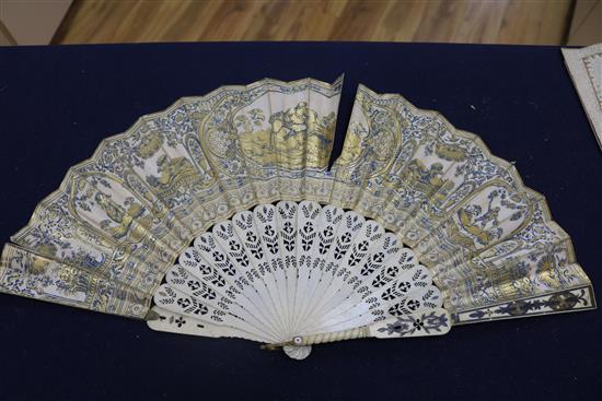 A 19th century Continental bone fan, with hand painted lithographed leaf and another printed with Chanson Pour 26cm and 28cm